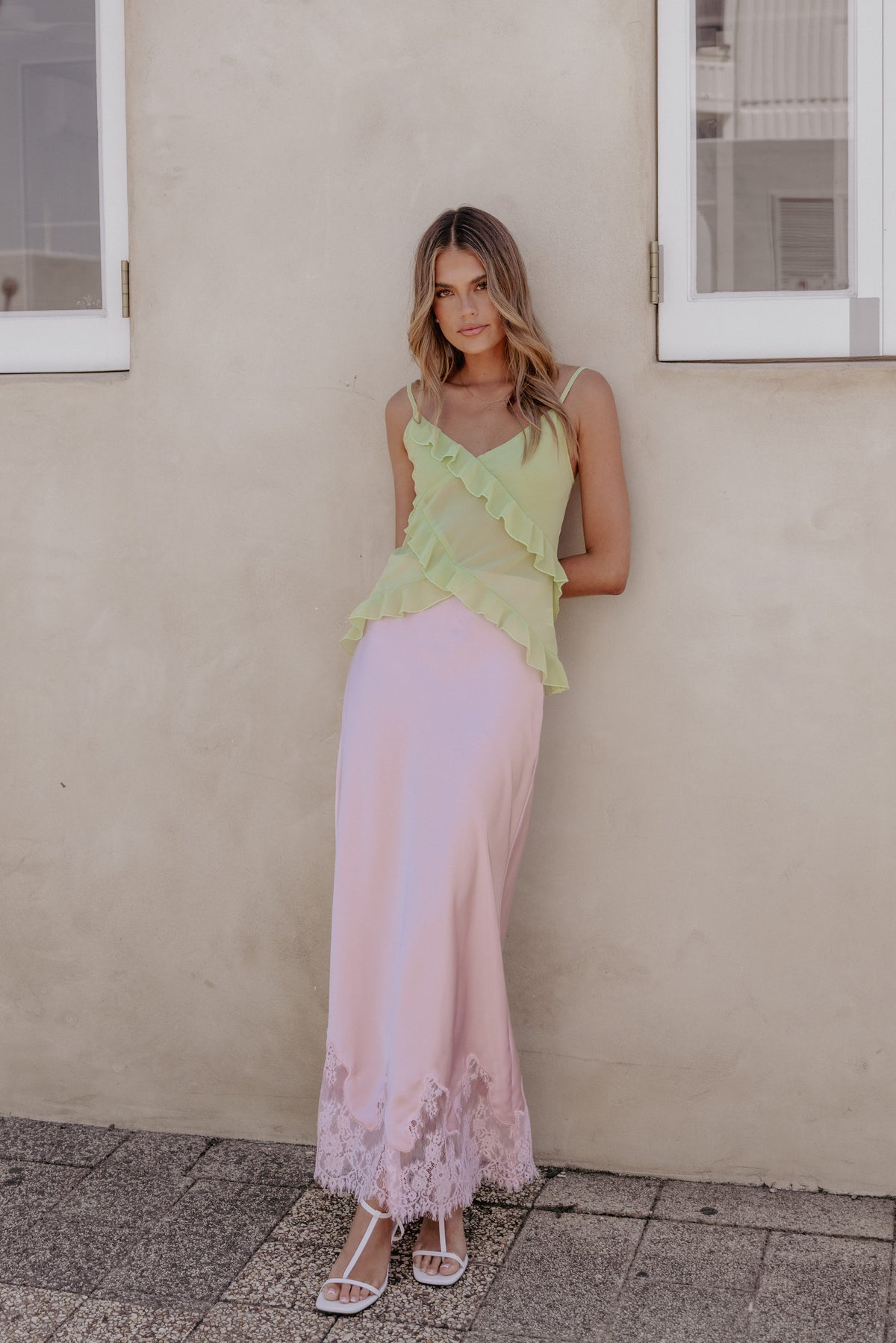 Alira Lace Trim Midi Skirt - Pale Pink