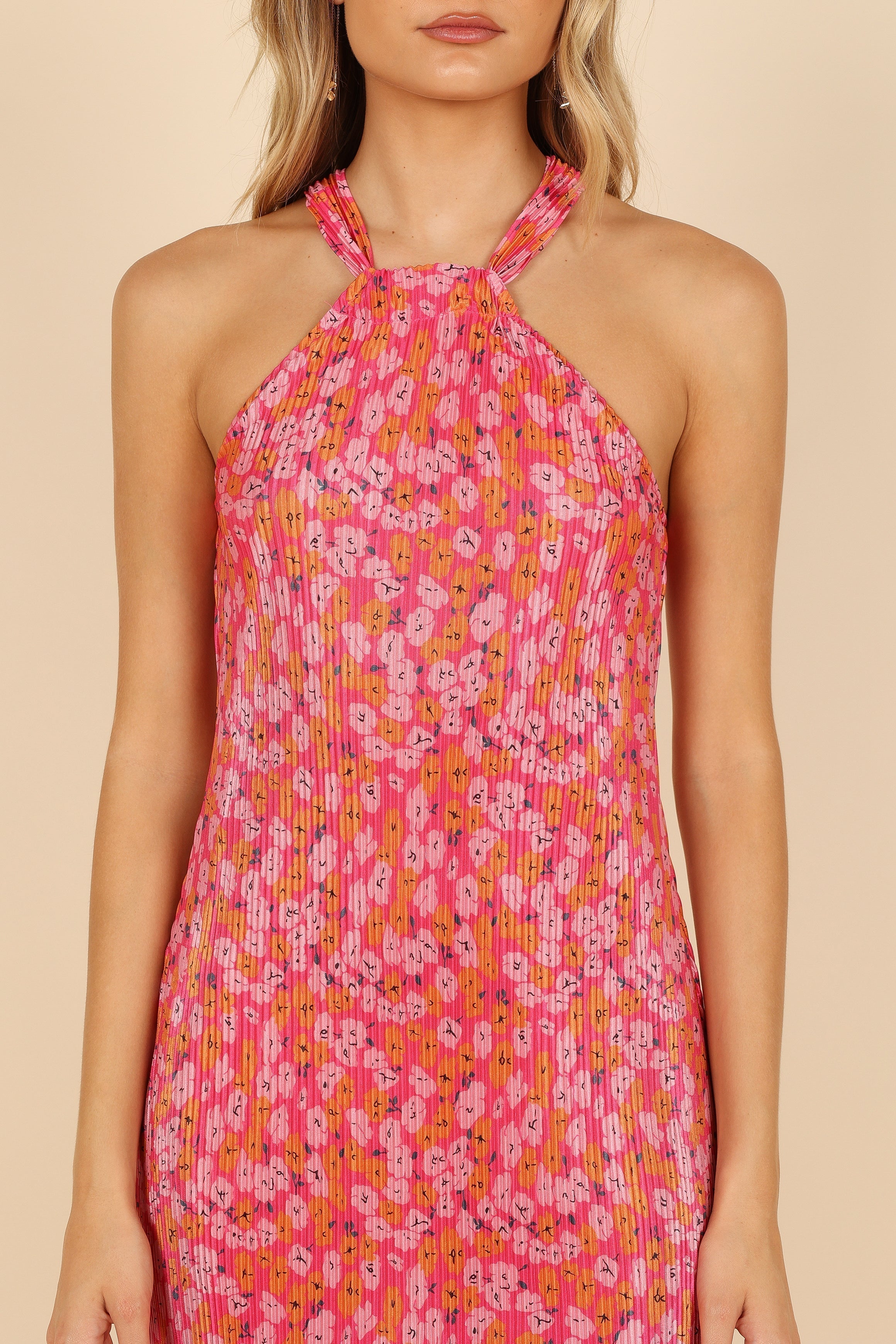 Melody Plisse Halter Mini Dress - Hot Pink