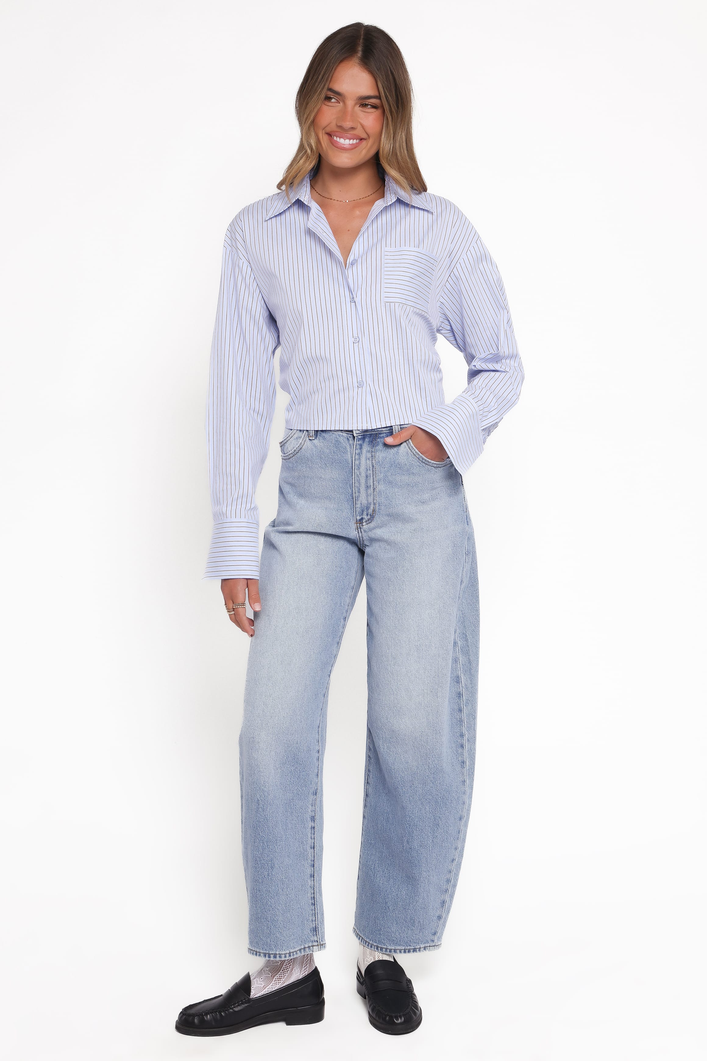 Vienne Tie Back Button Up Shirt - Blue/Brown Stripe